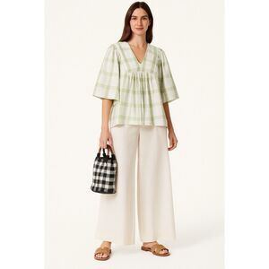 ÂME Essential Andorinha Cotton Blouse‎ In White And Green Plaid - Large NWT